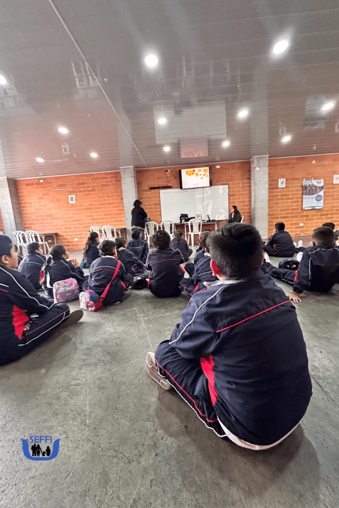 Niño de espaldas sentado frente a una psicóloga en un entorno escolar, simbolizando el apoyo emocional y la atención psicológica brindada a estudiantes en el colegio.